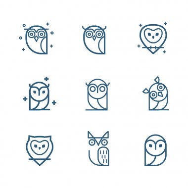 Baykuş anahat simgeleri koleksiyonu. Anahat baykuşlar ayarla ve Amblemler tasarım öğeleri için okullar, eğitim işaretler. Benzersiz gösterim amacıyla tasarım.