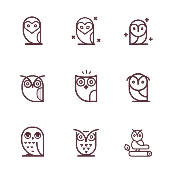 Owl Outline Icons Collection Set Outline Owls Emblems Design Elements — Stock Vector