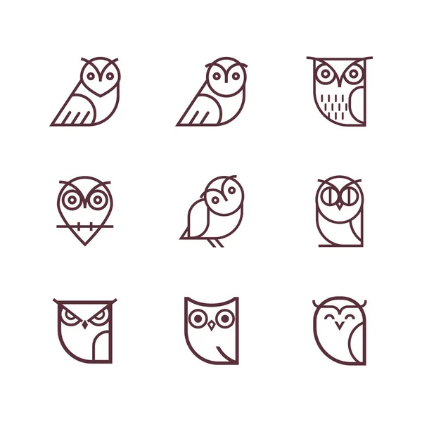 猫头鹰轮廓图标集合 一套大纲猫头鹰和标志设计元素为学校 教育标志 独特的设计插图 — 图库矢量图片
