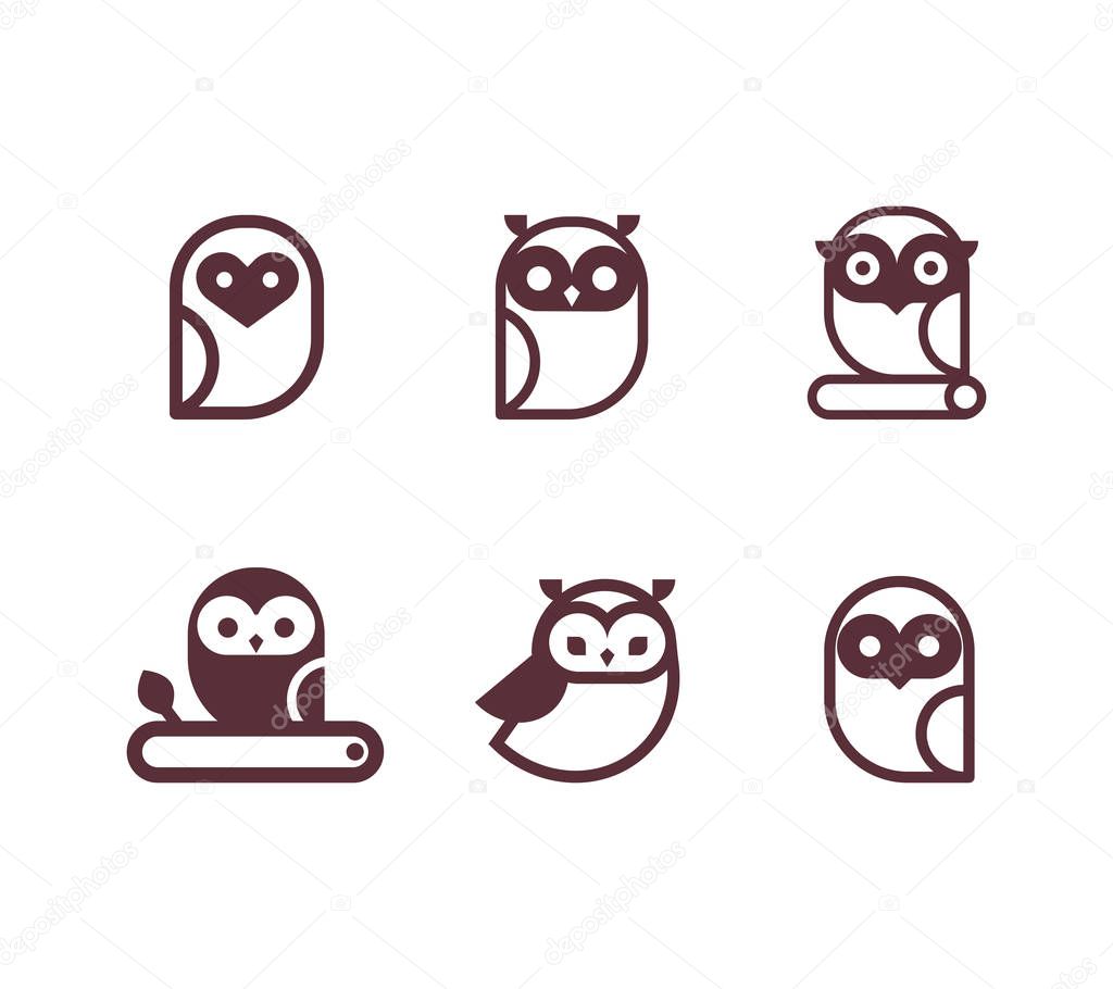 Owl outline icons collection. Set of outline owls and emblems design elements for schools, educational signs. Unique illustration for design.