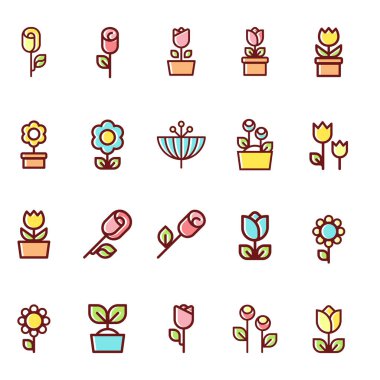 Çiçek hattı simgeler kümesi. Renk vektör çizim, düz tasarım. 
