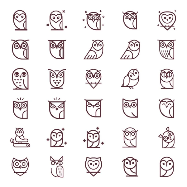 Owl Outline Icons Collection Set Outline Owls Emblems Design Elements — Stock Vector