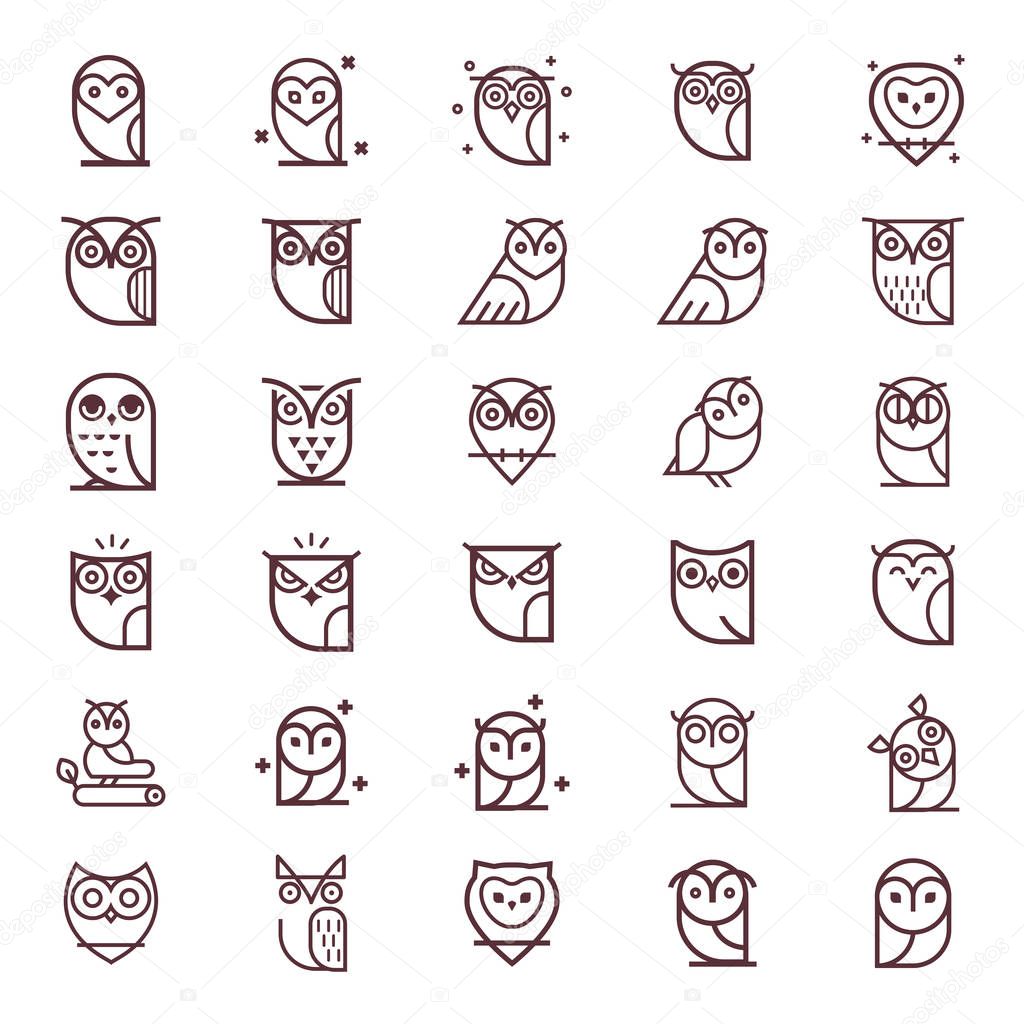 Owl outline icons collection. Set of outline owls and emblems design elements for schools, educational signs. Unique illustration for design.
