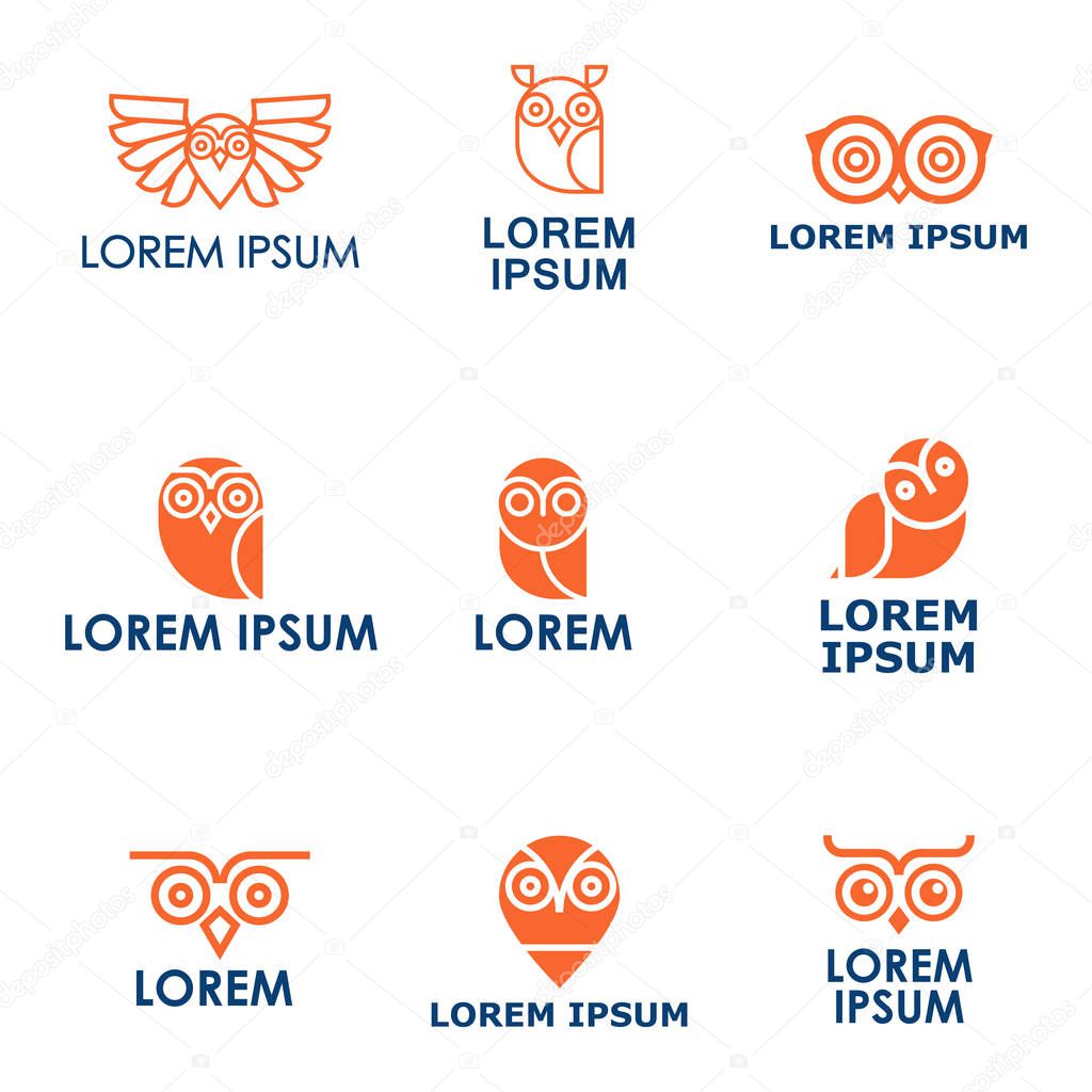 Set of owl outline logos and emblems design elements for schools and educational signs. Logo or label for your company isolated on background.
