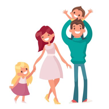 Anne ve baba çocukları ile yürüyüş. Beyaz arka plan üzerinde izole mutlu aile portresi.