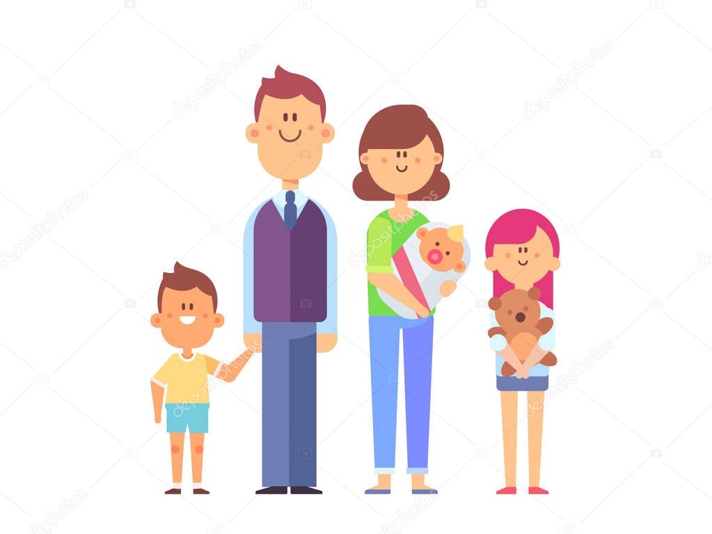 Happy family together -  mom, dad, kids. Vector set of characters in a flat style good for animation. Cartoon style.