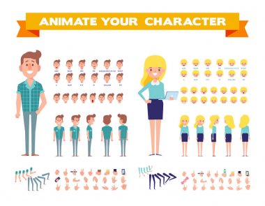 Ön, yan, geri, 3/4 profili animasyon karakter. Erkek ve kadın karakter yaratma çeşitli görünümler, yüz duygular, pozlar ve hareketleri ile ayarla. Karikatür tarzı, düz vektör çizim.