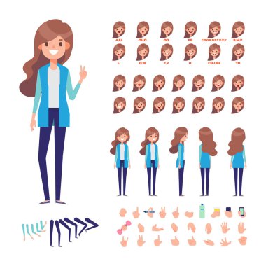 Ön, yan, geri, 3/4 görünüm animasyon karakter. Genç kız karakter yaratma çeşitli görünümler, saç modelleri, yüz duygular, pozlar ve hareketleri ile ayarla. Karikatür tarzı, düz vektör çizim.