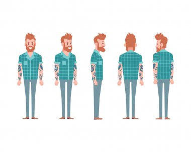 Animasyon için genç adam. Ön, yan, geri, 3/4 görünüm karakter. Vücudun farklı bölgelerinde. Karikatür tarzı, düz vektör çizim.