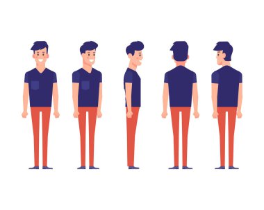 Animasyon için genç adam. Ön, yan, geri, 3/4 görünüm karakter. Vücudun farklı bölgelerinde. Karikatür tarzı, düz vektör çizim.