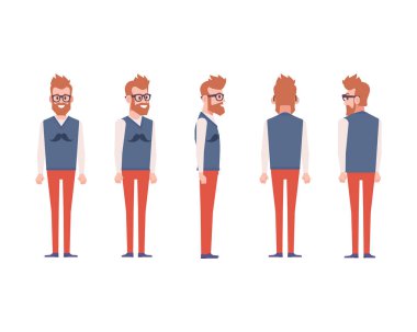 Animasyon için genç adam. Ön, yan, geri, 3/4 görünüm karakter. Vücudun farklı bölgelerinde. Karikatür tarzı, düz vektör çizim.