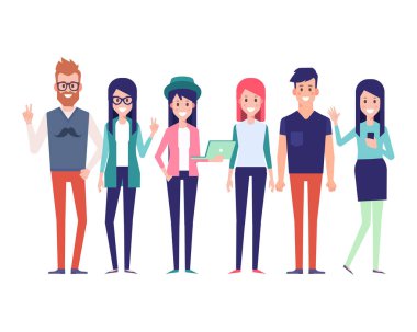 Grup genç hipster arkadaşıyla. Kentsel vatandaş karakter. Beyaz arka plan üzerinde izole düz vektör çizim. Karikatür tarzı.