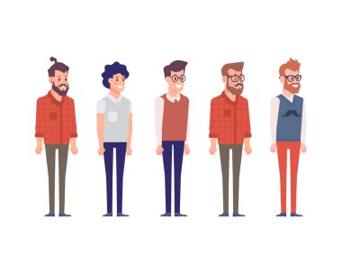 Vektör Vektör erkeklerin farklı kıyafetler ve saç kesimi ile People.Set. Sakallı hippi, çocuk, iş adamı, öğrenci, genç adam.