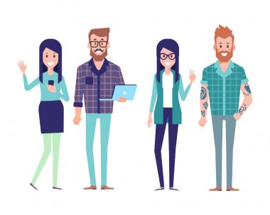 Grup genç hipster arkadaşıyla. Kentsel vatandaş karakter. Beyaz arka plan üzerinde izole düz vektör çizim. Karikatür tarzı.
