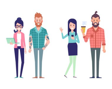 Grup genç hipster arkadaşıyla. Kentsel vatandaş karakter. Beyaz arka plan üzerinde izole düz vektör çizim. Karikatür tarzı.