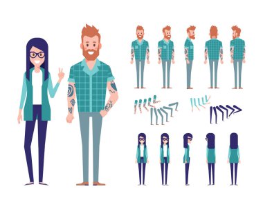 Ön, yan, geri, 3/4 profili animasyon karakter. Erkek ve kadın karakter yaratma çeşitli görünümler, yüz duygular, pozlar ve hareketleri ile ayarla. Karikatür tarzı, düz vektör çizim.