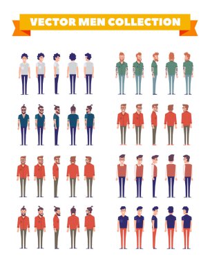 Animasyon için genç adam. Ön, yan, geri, 3/4 görünüm karakter. Vücudun farklı bölgelerinde. Karikatür tarzı, düz vektör çizim.