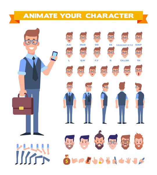 Front, side, back, 3/4 view animated character. Business man character creation set with various views, hairstyles, lip sync,face emotions, poses and gestures. Cartoon style, flat vector illustration.