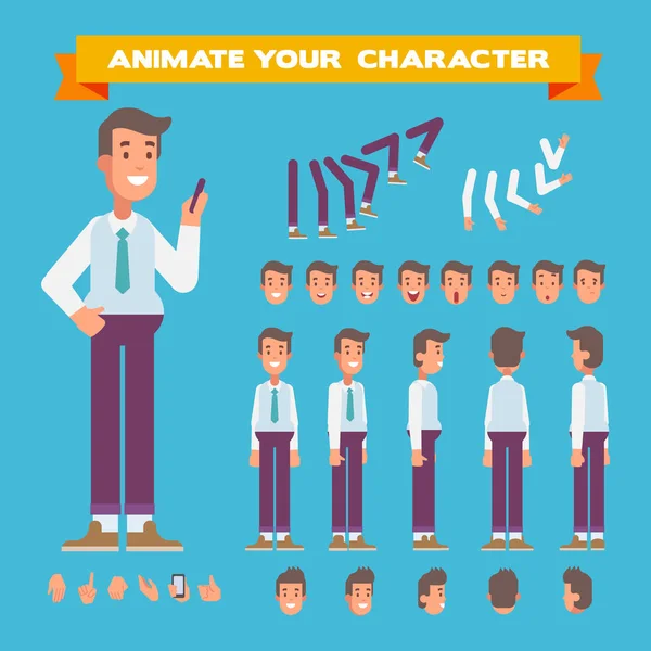 Vorderseite Seite Rückseite Ansicht Animierte Figur Manager Mit Telefon Charakterkonstrukteur — Stockvektor