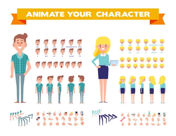 Vorderseite Seite Rückseite Ansicht Animierter Charaktere Männliche Und Weibliche Charaktere — Stockvektor