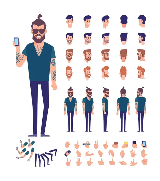 Front Side Back View Animated Character Brutal Bearded Hipster Tattoos — Stock Vector