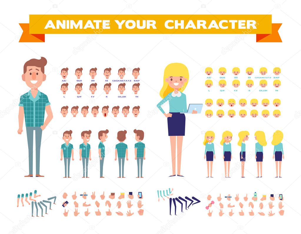 Front, side, back, 3/4 view animated characters. Male and female characters creation set with various views, face emotions, poses and gestures. Cartoon style, flat vector illustration.