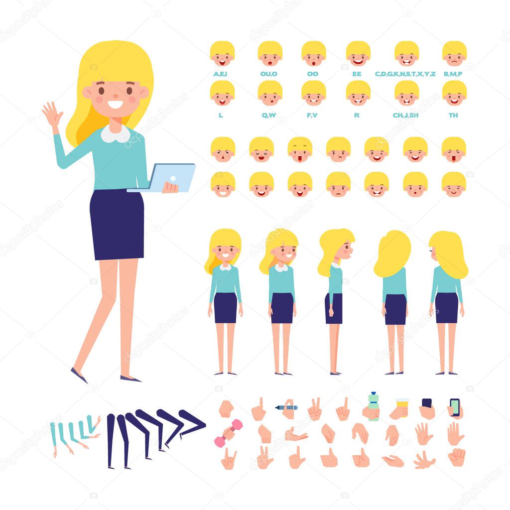 Front, side, back, 3/4 view animated character. Young girl character creation set with various views, hairstyles, face emotions, poses and gestures. Cartoon style, flat vector illustration.