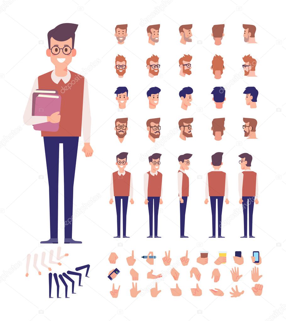 Front, side, back view animated character, separate parts of body. Student boy with books constructor with various views, hairstyles, poses and gestures. Cartoon style, flat vector illustration.