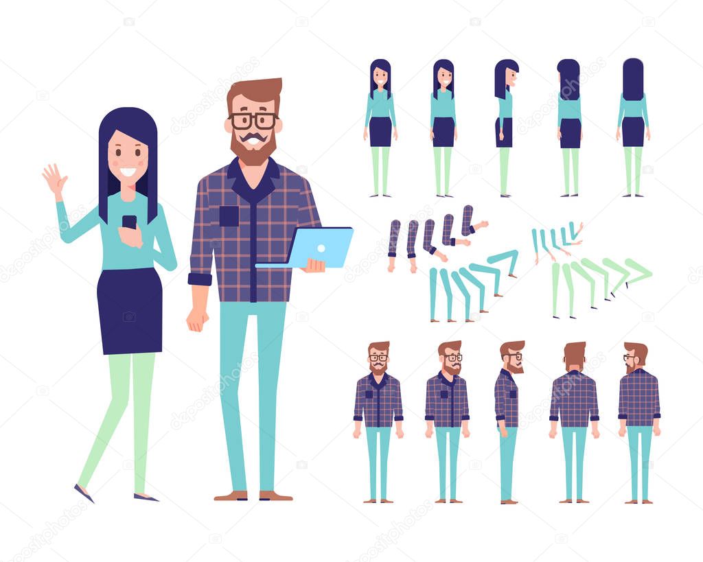 Front, side, back, 3/4 view animated characters. Male and female characters creation set with various views, face emotions, poses and gestures. Cartoon style, flat vector illustration.