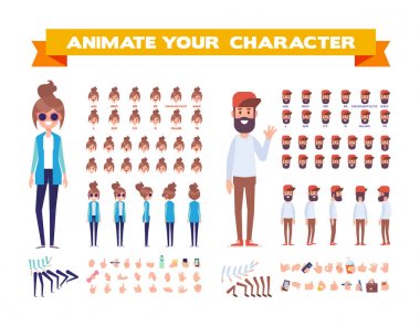 Ön, yan, arka profili animasyon karakter. Çeşitli görünümleri, yüz duygular, grubu erkek ve kadın karakter oluşturma teşkil etmektedir. Karikatür tarzı, düz vektör çizim.