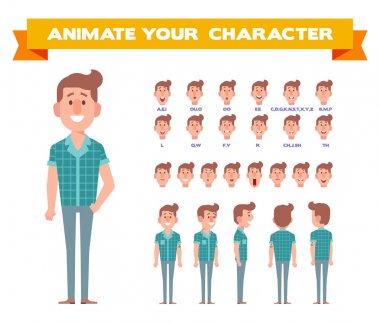 Ön, yan, geri, 3/4 profili animaes karakter. Genç adam çeşitli görünümleri, yüz duygular, grubu oluşturma lip sync, teşkil etmektedir. Karikatür tarzı, düz vektör çizim.