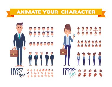 Vektör karakter animasyon için ayarlayın. İş adamları - erkek ve kadın. Ön, yan, arkadan görünüm animasyonlu karakterler. 