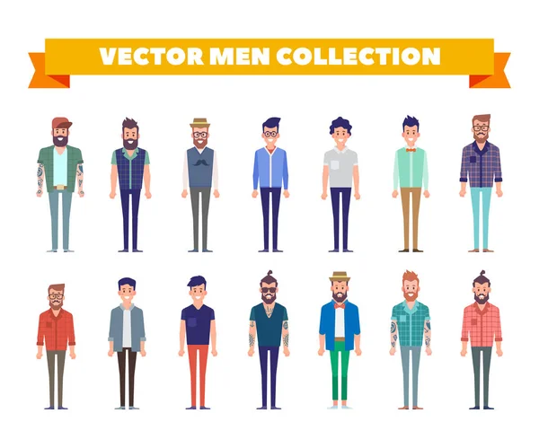 Ensemble Hommes Vecteurs Avec Différents Vêtements Coupes Cheveux Hipster Barbu — Image vectorielle