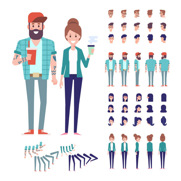 Передний, боковой, задний вид анимированных персонажей. Создание мужских и женских персонажей с различными взглядами, эмоциями, позами. Карикатурный стиль, плоская векторная иллюстрация
.