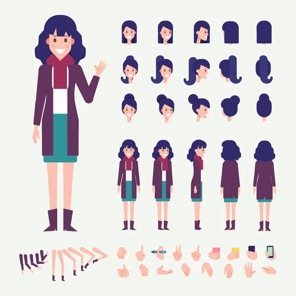 Flat Vector Young Woman Character Character Creation Set Various Views — Stock Vector