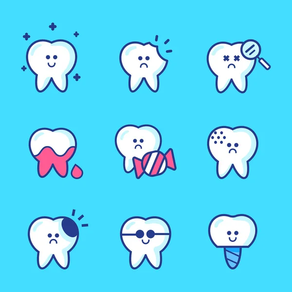 Dental Care Vector Set Tooth Cartoon Character Design Sorriso Branco — Vetor de Stock