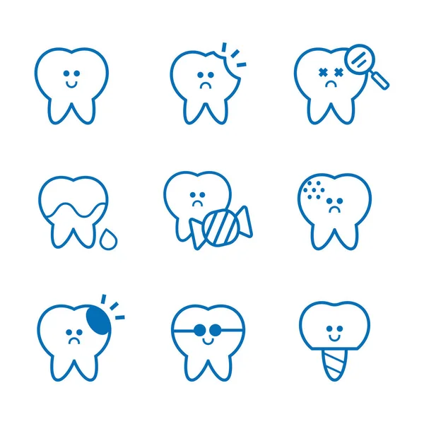 Opieka Stomatologiczna Wektor Zestaw Znak Ząb Kreskówka Biały Uśmiech Zęby — Wektor stockowy
