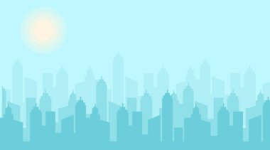 Şehir manzarası vektör çizim. Kentsel peyzaj. Mavi şehir silueti. Cityscape düz tarzı. Modern şehir manzarası. Cityscape arka planlar. Gündüz şehir manzarası.
