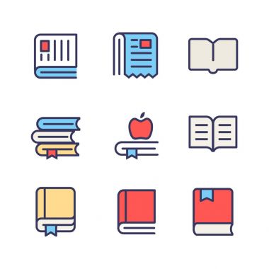 Renk simge vektör seti kitap ve gazete. Beyaz izole piktogram. Web ve mobil UI için.