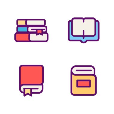 Kitap renk simge vektör kümesi. Beyaz izole piktogram. Web ve mobil UI için temel UI kitap öğeleri ayarla.