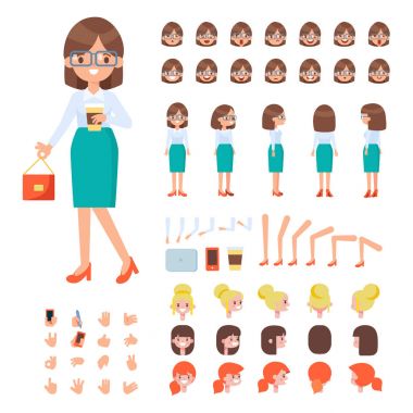 Ön, yan, geri, 3/4 görünüm animasyon karakter. Çeşitli görünümler, saç modelleri, dudak senkronizasyon, yüz duygular ve hareketleri ile grubu iş kadın karakter oluşturma. Karikatür tarzı, düz vektör çizim.