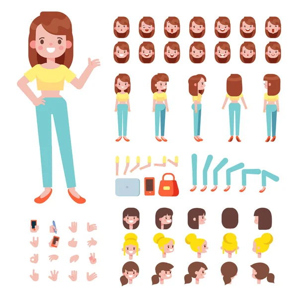 Frente Lado Vista Trasera Personaje Animado Creación Personajes Femeninos Con — Vector de stock