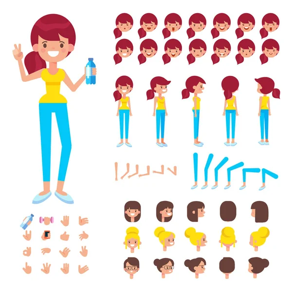 后视图动画字符 运动女孩字符创作集 各种观点 脸上的情绪 姿势和手势 卡通风格 平面矢量插图 — 图库矢量图片
