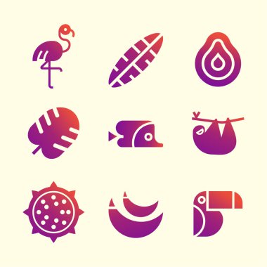 Tropikal vektör Icon Set egzotik bitkiler, meyve ve hayvanlar. Düz tasarım, basit şekiller.