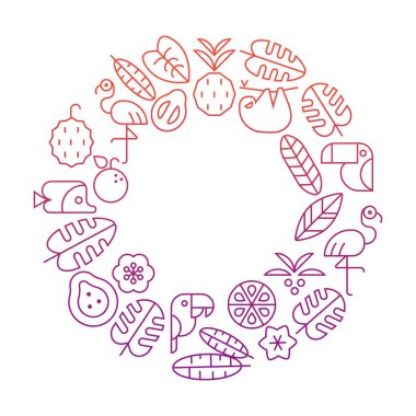 Renkli tropikal vektör yuvarlak çerçeve egzotik bitkiler, meyve ve hayvanlar üzerinde metin için yer ile beyaz arka plan ile. Düz tasarım, basit şekiller, minimal sanat.