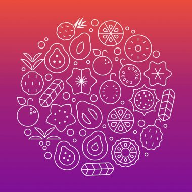 Renkli tropikal vektör yuvarlak ile egzotik bitki ve meyve.