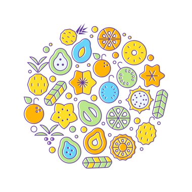 Renkli tropikal vektör yuvarlak ile egzotik bitki ve meyve.