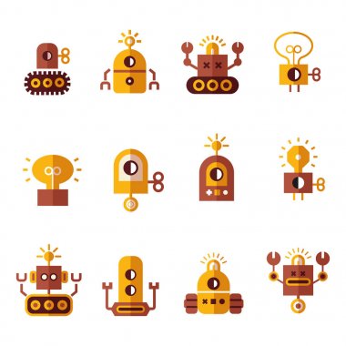 Robot simge seti karikatür. Elektromekanik karikatür makine, yalıtılmış vektör çizim.  