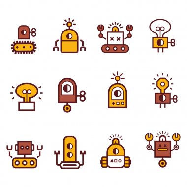 Robot simge seti karikatür. Elektromekanik karikatür makine, yalıtılmış vektör çizim.  