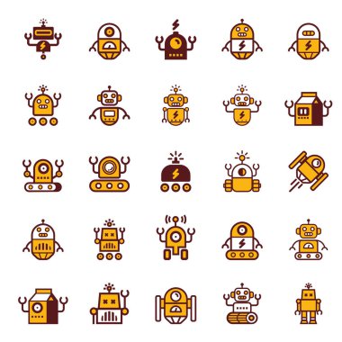 Robot simge seti karikatür. Elektromekanik karikatür makine, yalıtılmış vektör çizim.  